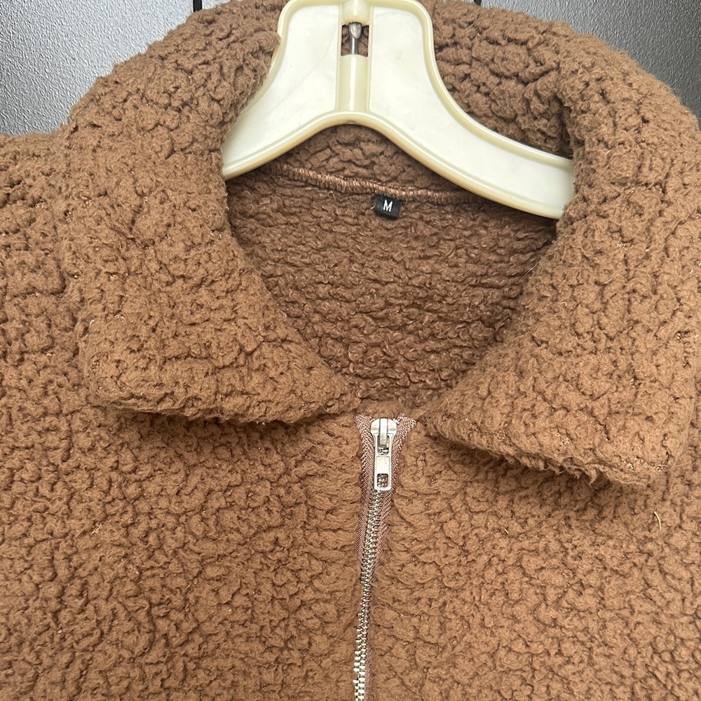 TEDDY BEAR JACKET Cozy Brown Sherpa zip pockets Layering Roomie Coat Sz M - Picture 2 of 12